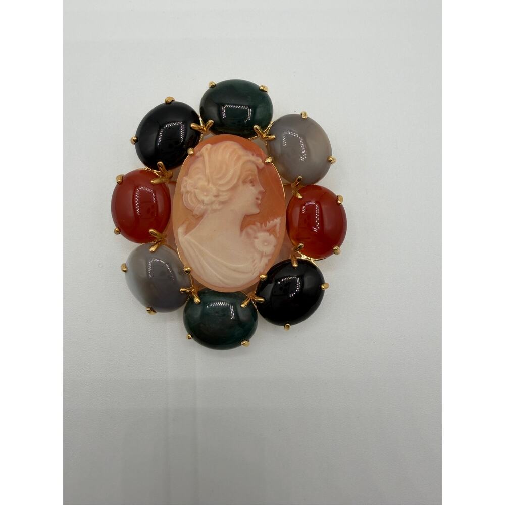 Amedeo Shell Cameo Multi Stone Convertible Brooch Pendant Gold Tone